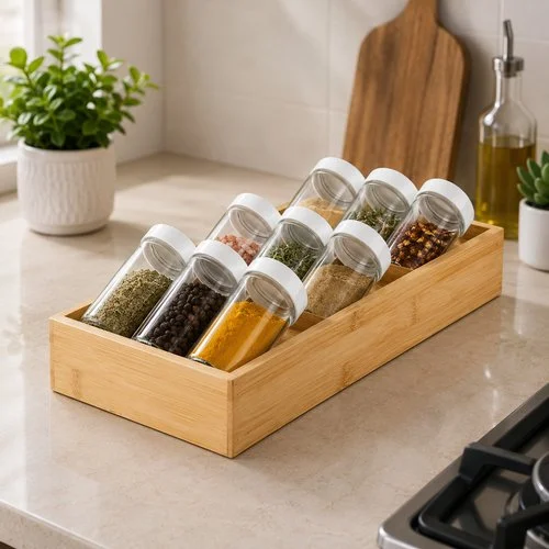 Porta Temperos Madeira para Gaveta com 9 frascos de vidro