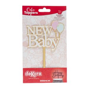CAKE TOPPER NOVO BEBÊ DOURADO E BRANCO 10X14CM