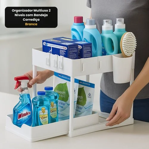 Organizador Multiuso 2 Níveis com Bandeja Corrediça – Branca