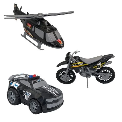Triplo BS Kit de Brinquedos de Polícia com Carro, Moto e Helicóptero