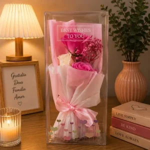 Buquê Decorativo Rosa Com Caixa Transparente – Rosa
