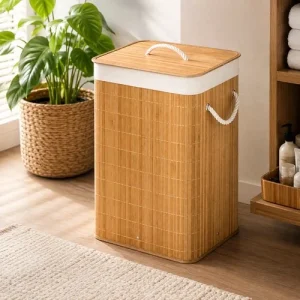 Cesto de Roupas com Tampa e Alça de Bambu 50 Litros