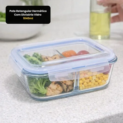 Pote Retangular Hermético Com Divisória Vidro 1040ml