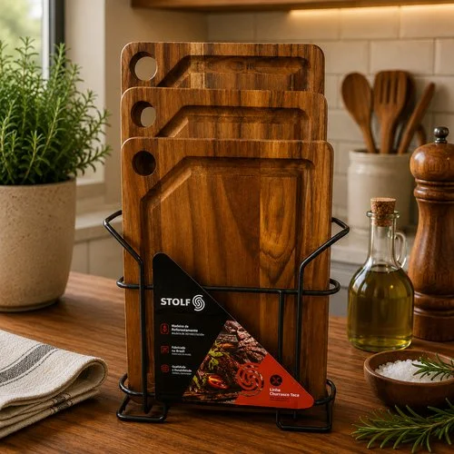 Kit 3 Tábuas para Churrasco em Madeira com Suporte de Metal