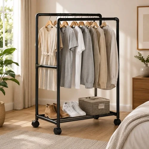 Arara para Roupas Dupla Fixa com Prateleira e Rodízios  – Preto