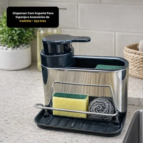 Dispenser Com Suporte Para Esponja e Acessórios de Cozinha – Aço Inox