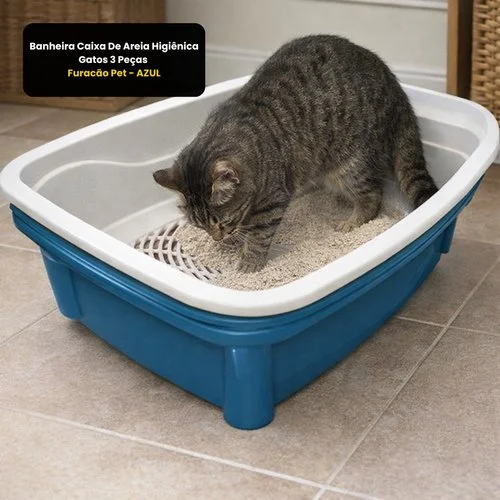 Banheira Caixa De Areia Higiênica Gatos 3 Peças Furacão Pet – AZUL