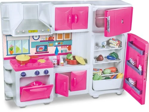 Cozinha de Brinquedo com Geladeira Armário fogão e Coifa – Rosa